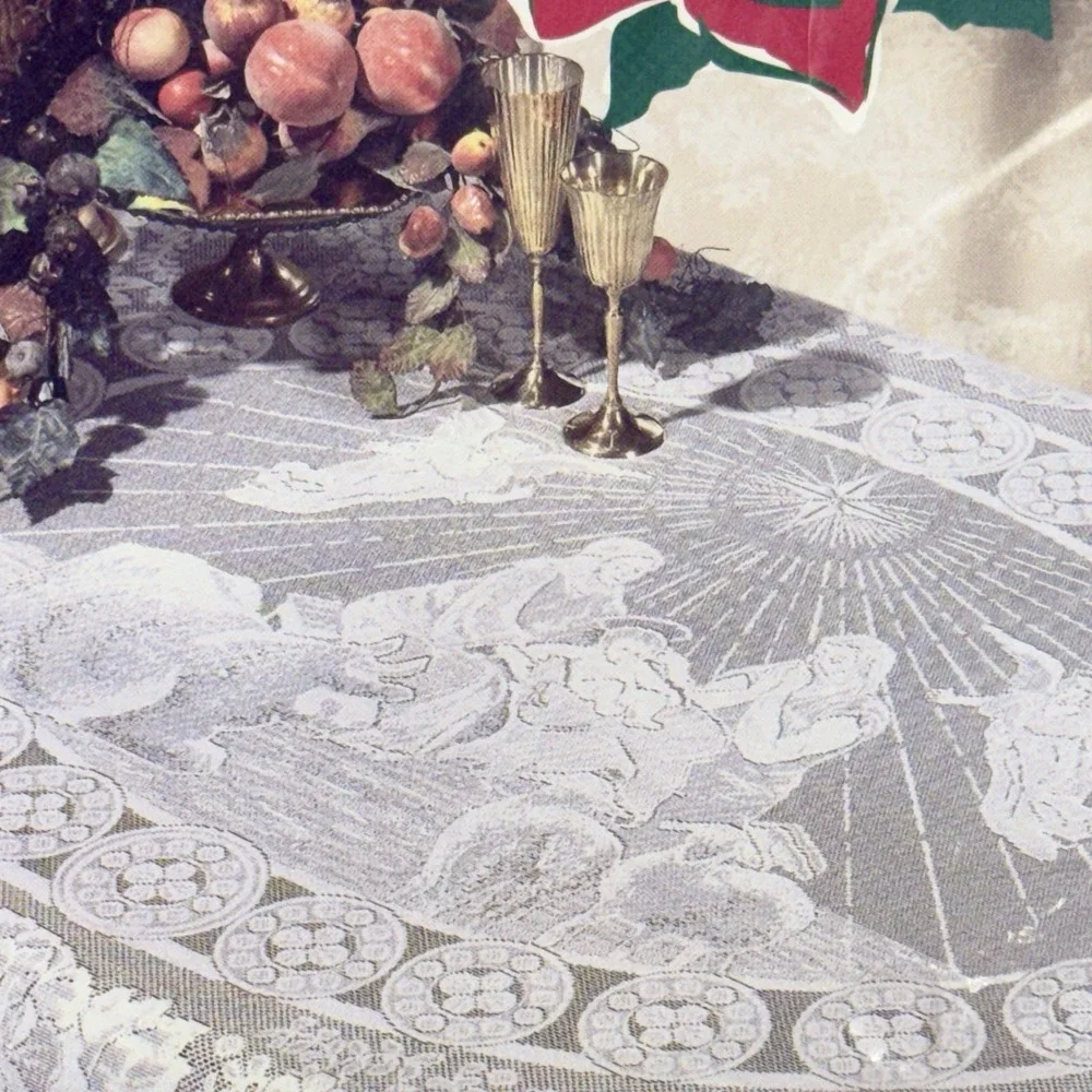 Vtg Christmas Holy Nativity White Lace Tablecloth 60 X 122 Elegant Holiday Décor